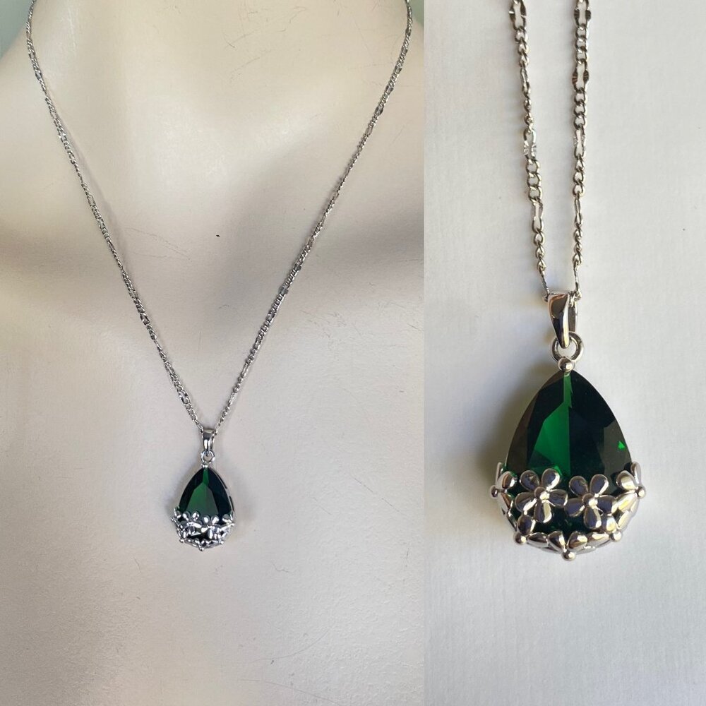Emerald Green Teardrop Pendant Necklace - Silver Floral Accent
